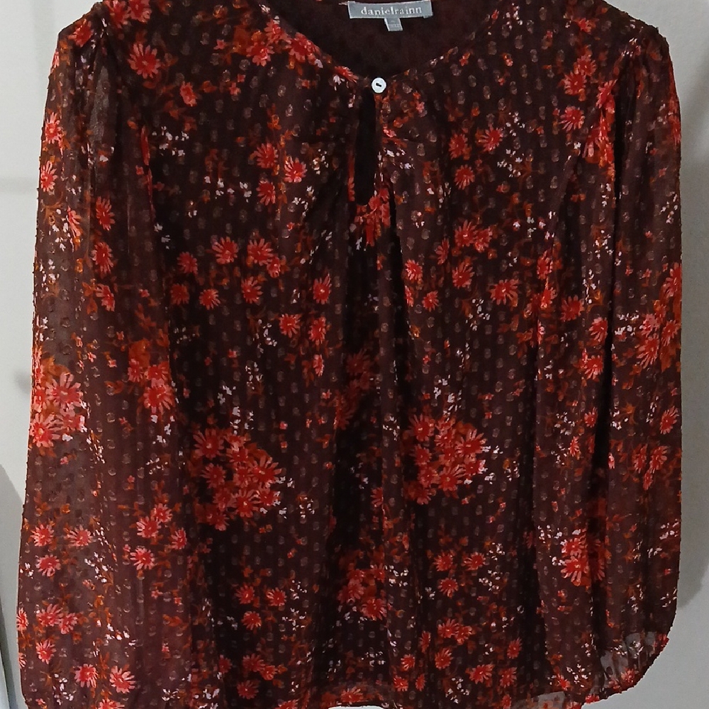 Daniel Rainn Brown Pleated Blouse with Mandarin Collar